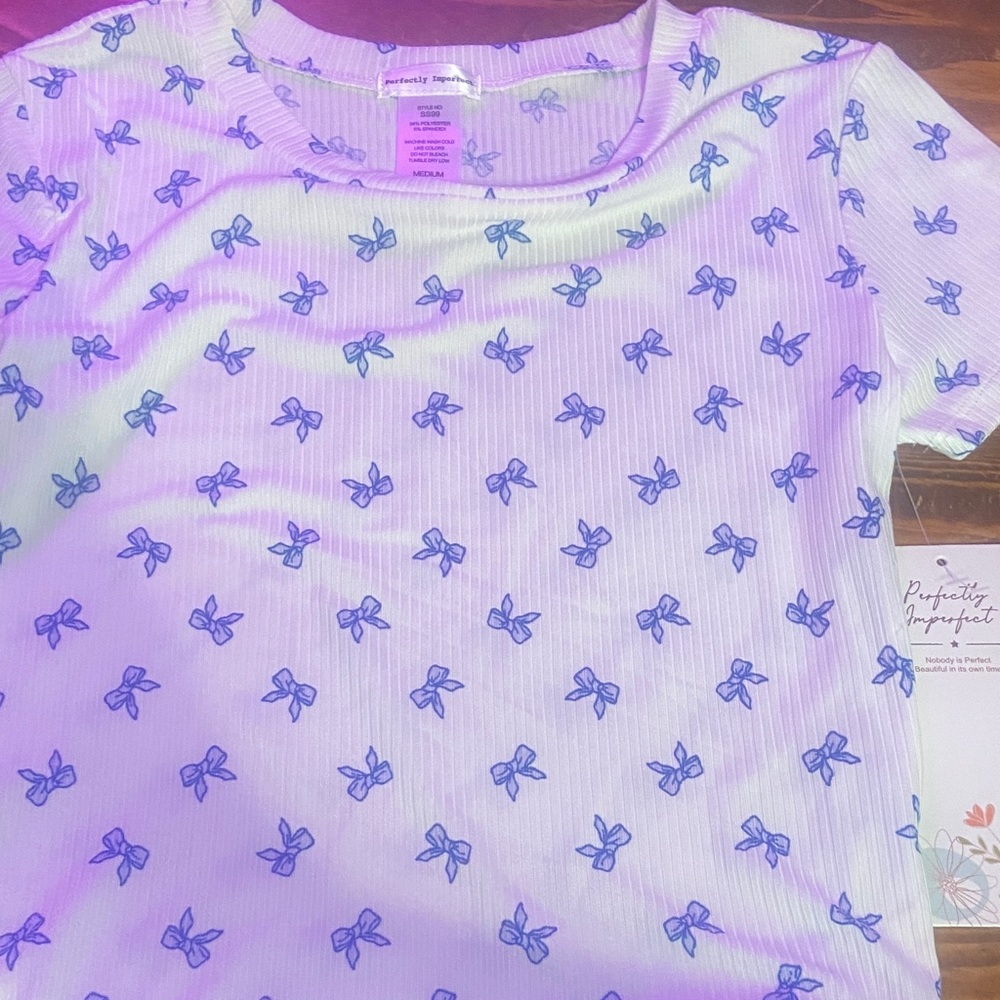White T-Shirt with Blue Bow Print